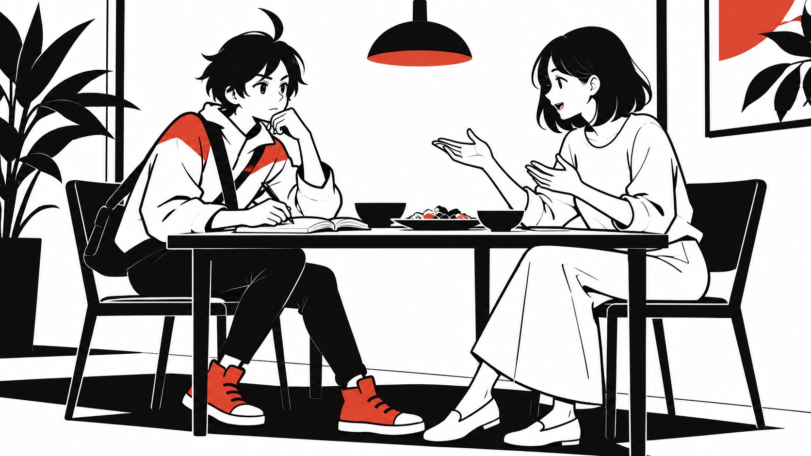 パートナーの話を遮らず、言葉をそのまま空欄の紙へ書き留めるビジュくんのイメージイラスト