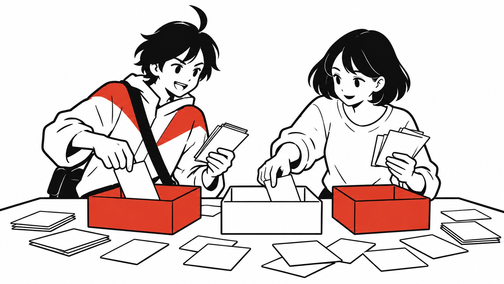 二人で条件を書いた無地のカードを三つの箱へ並べ替えるビジュくんのイメージイラスト