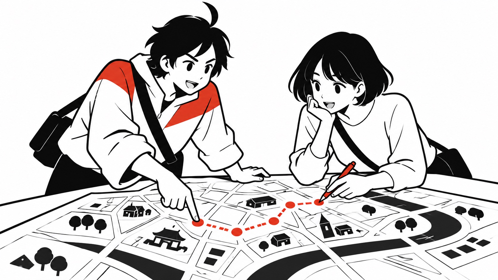 次の見学で歩く短い道筋を二人で決め、地図に小さな印を置くビジュくんのイメージイラスト