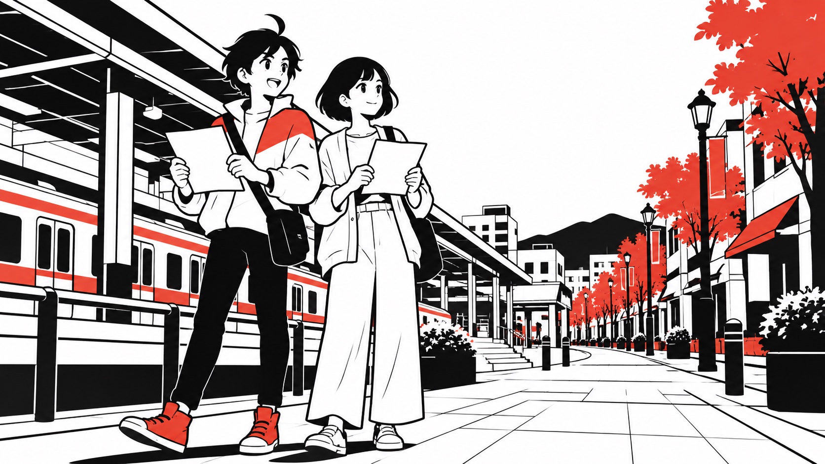 二人がそれぞれの無地の紙を持ち、駅へ向かう道に並んで立つビジュくんのイメージイラスト