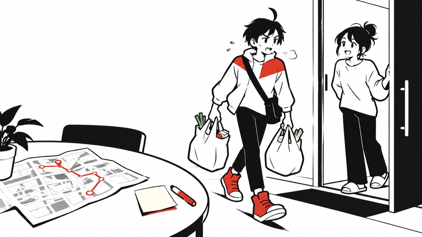 仕事の予定表と地図を並べ、次の町歩きの付箋を貼る二人のイメージイラスト
