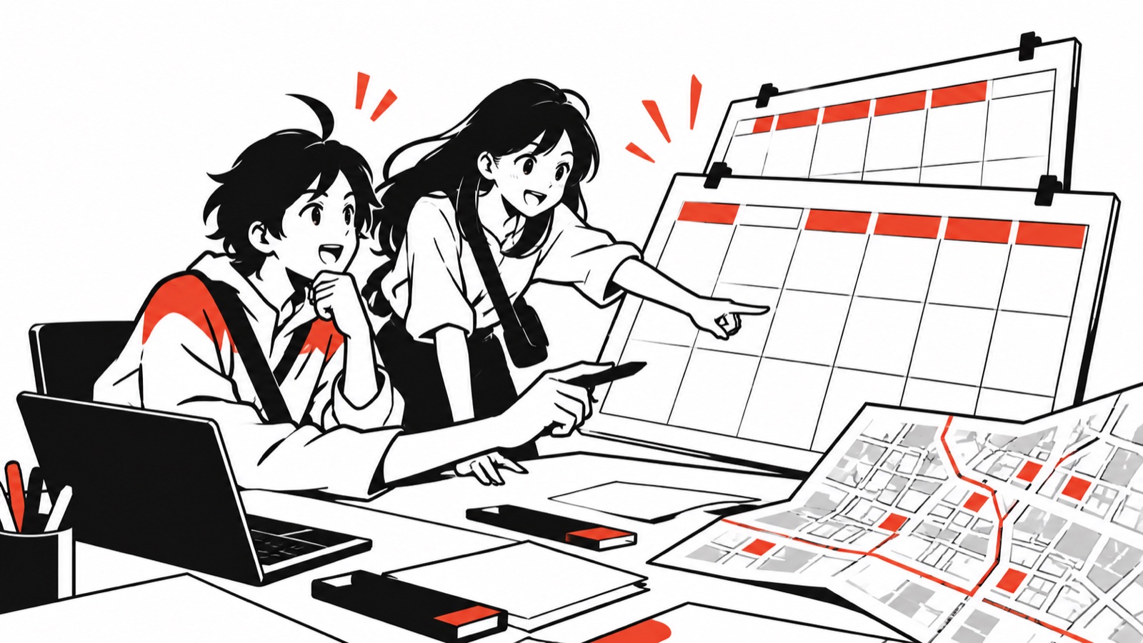 二人の予定表を前に、考え込むビジュくんとパートナーのイメージイラスト