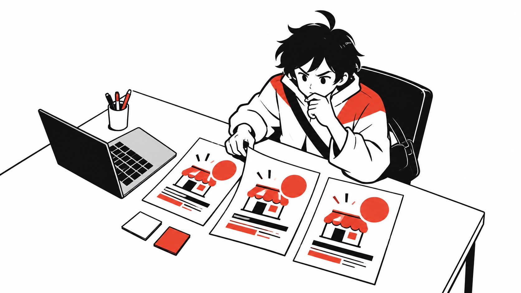 似た名前の案内ファイルを並べ、どれが公開中か迷うビジュくんのイメージイラスト