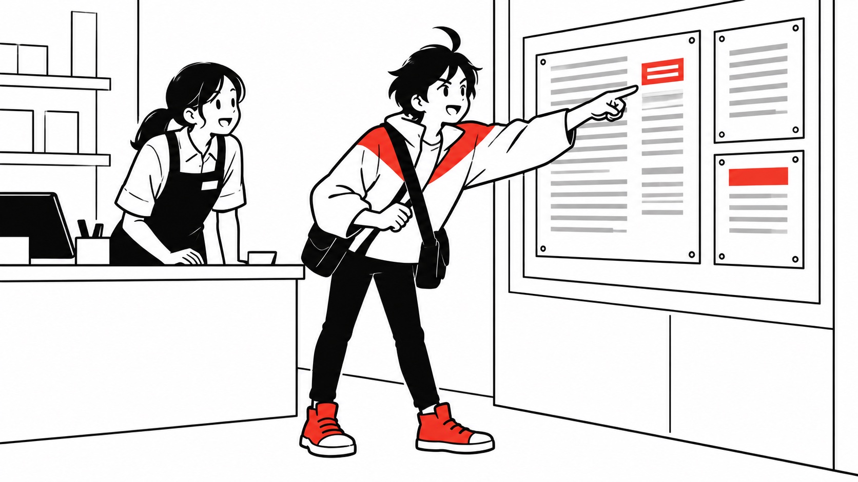 店の人と公開中の案内を見ながら、変更する一か所だけを指すビジュくんのイメージイラスト