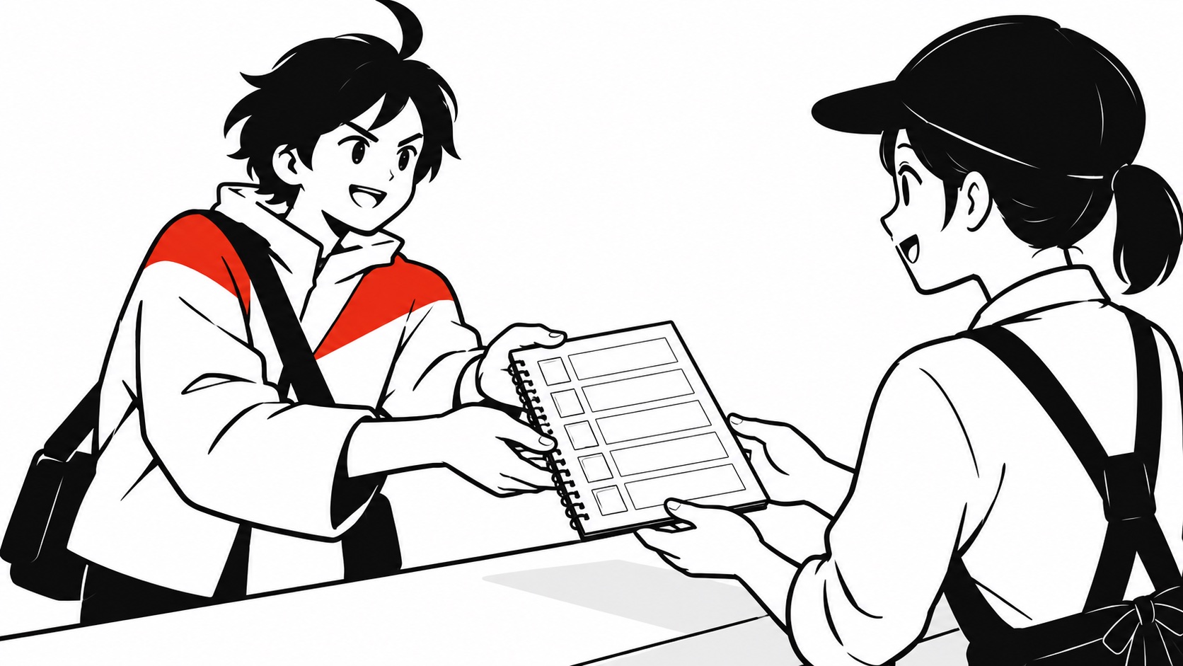 五つの空欄がある更新ノートを店の人へ渡すビジュくんのイメージイラスト