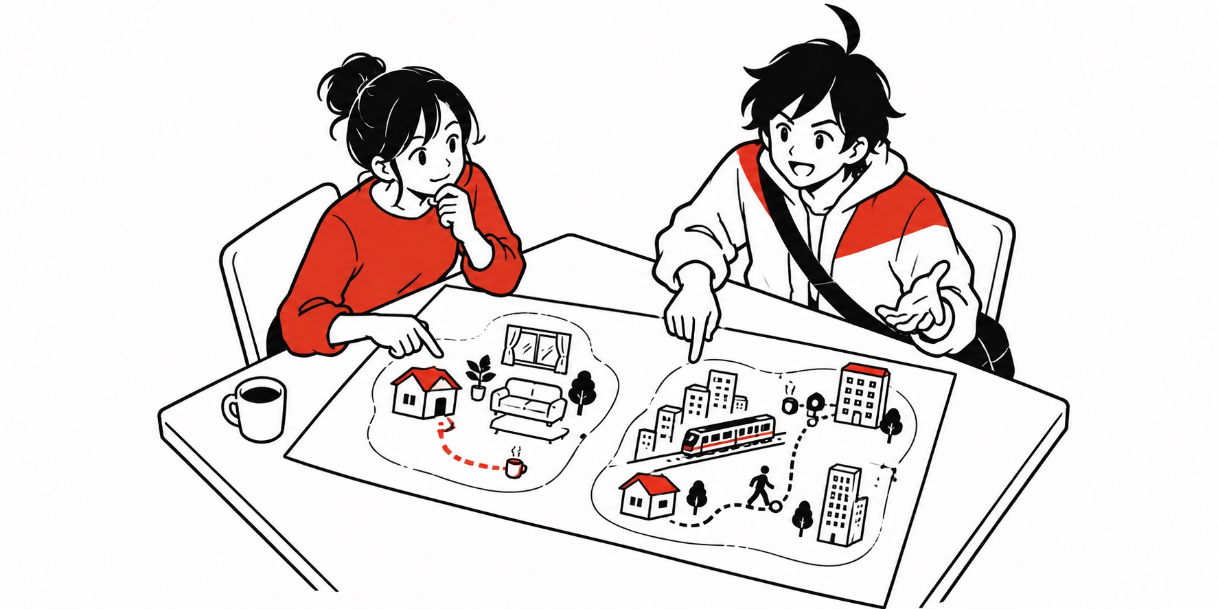 実家の部屋と通勤経路を地図に重ねて比べるビジュくんと友人