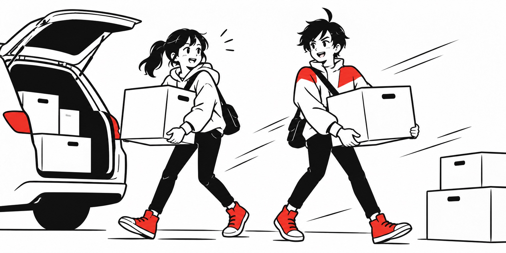 帰郷する友人と引っ越し箱を運ぶビジュくん。イメージイラスト