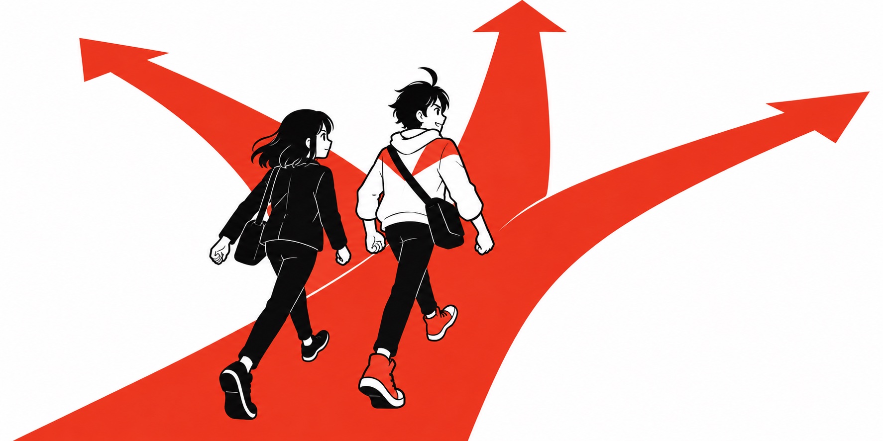 故郷、東京、新しい町の三方向を前に歩き出すビジュくんと友人。イメージイラスト