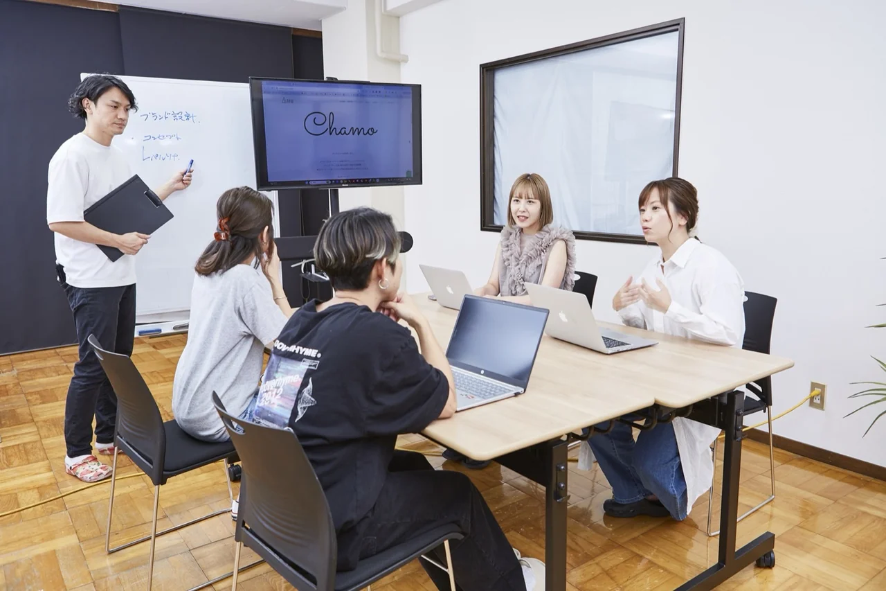 モニターとホワイトボードを使ったチームの打ち合わせ