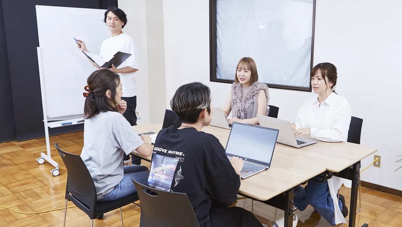 ホワイトボードを使って打ち合わせるANEWのチーム